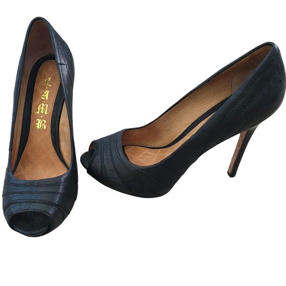 LAMB | Gwen Stefani Tansy Black Leather Stiletto Heel Pumps 6.5M Y2K 2000s Glam - Picture 1 of 10